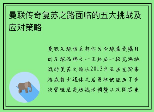 曼联传奇复苏之路面临的五大挑战及应对策略